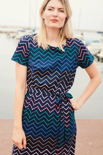 SUGARHILL Flissy Jersey Midi Dress Navy Chevron stripe